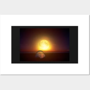 Amazing bright moon over the sea Posters and Art